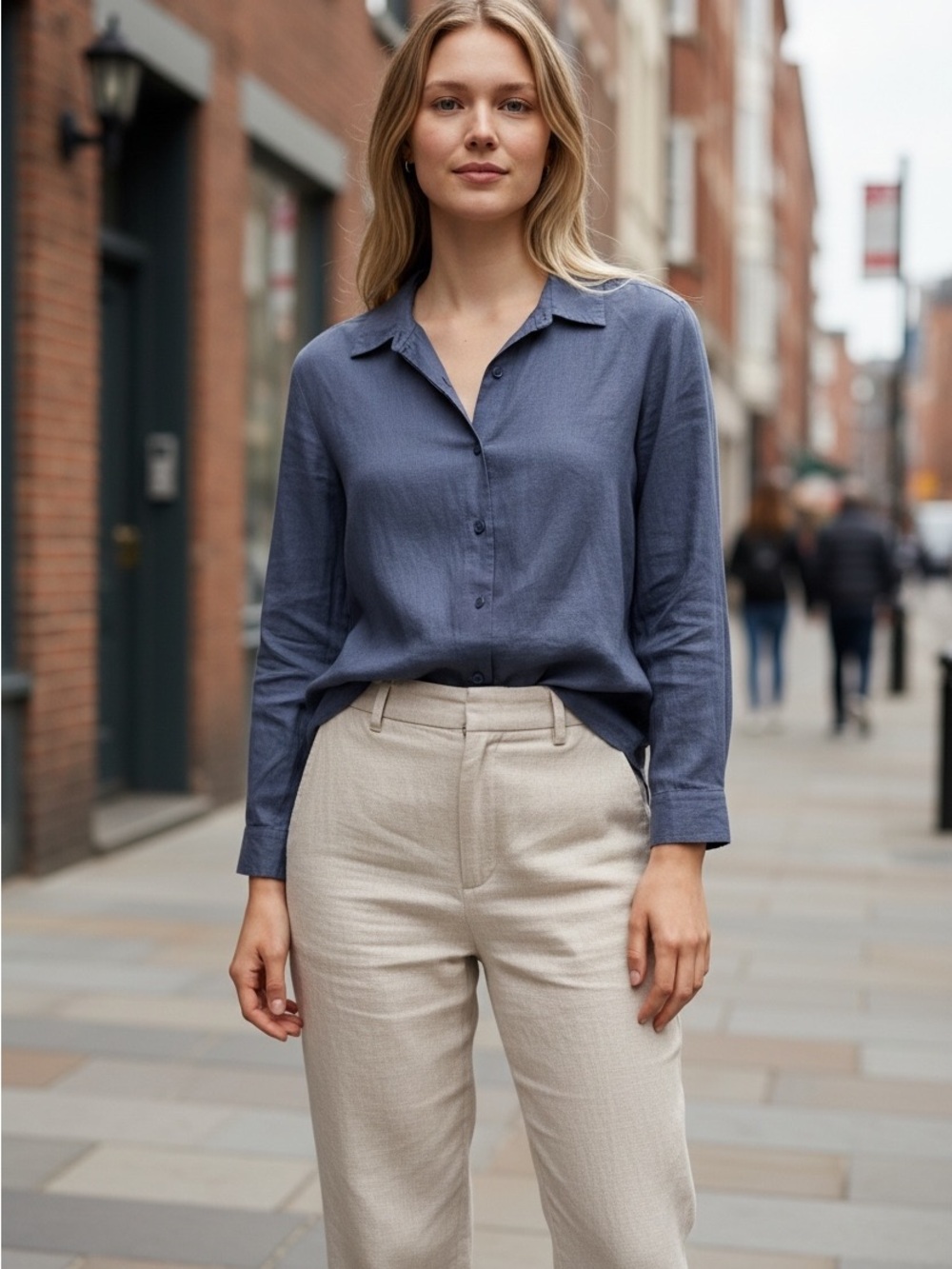 EILEEN FISHER LINEN BLEND BUTTON FRONT SHIRT DARK SLATE BLUE MEDIUM TIMELESS - Picture 2 of 13